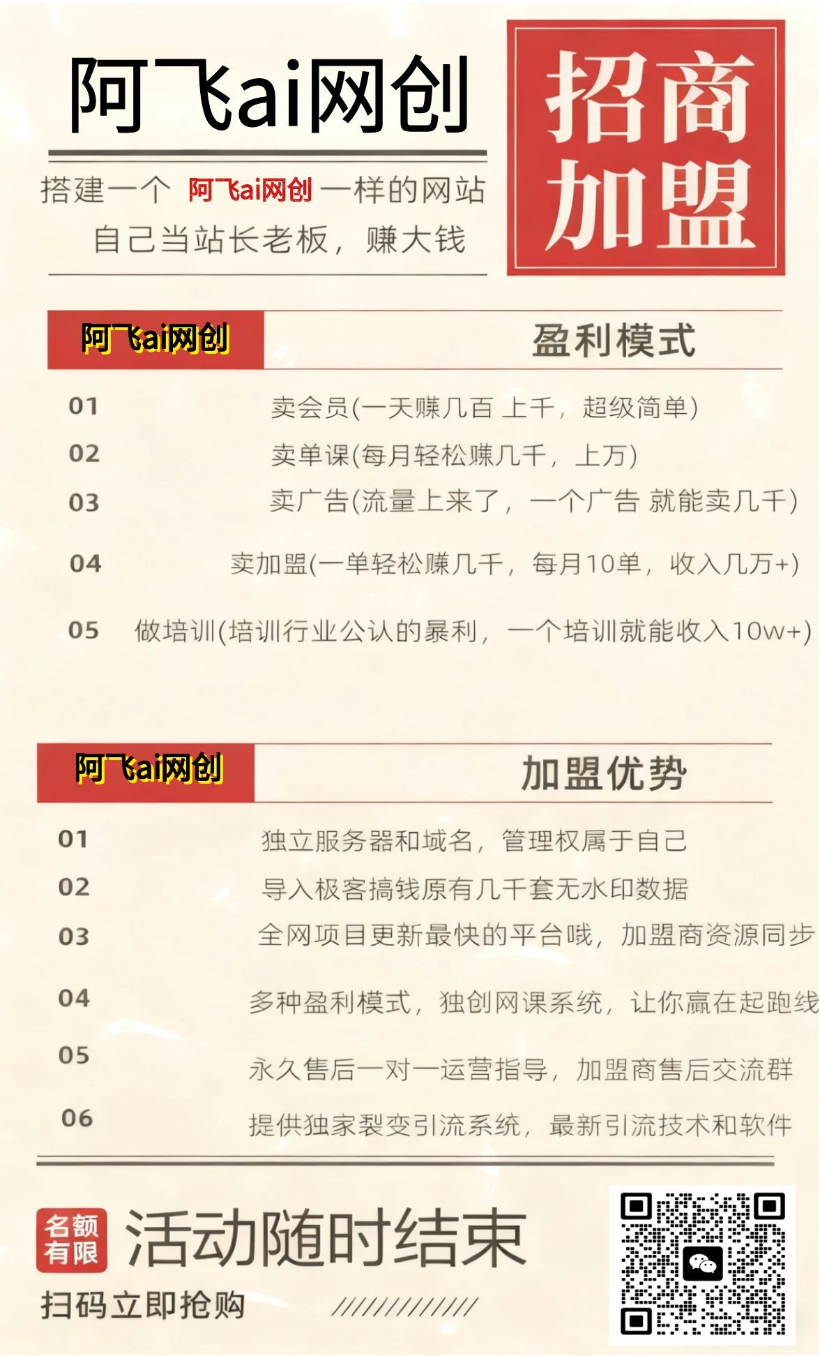 做项目不如卖项目,卖项目不如做网站!!! 阿飞ai网创-开放加盟,做一个与极客搞钱一样的知识付费赚钱模式!
